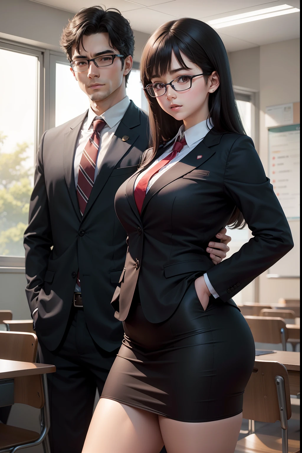 A dark-haired　eye glasses　Mini Uniform　chairman　Thick and snappy　female high-school student