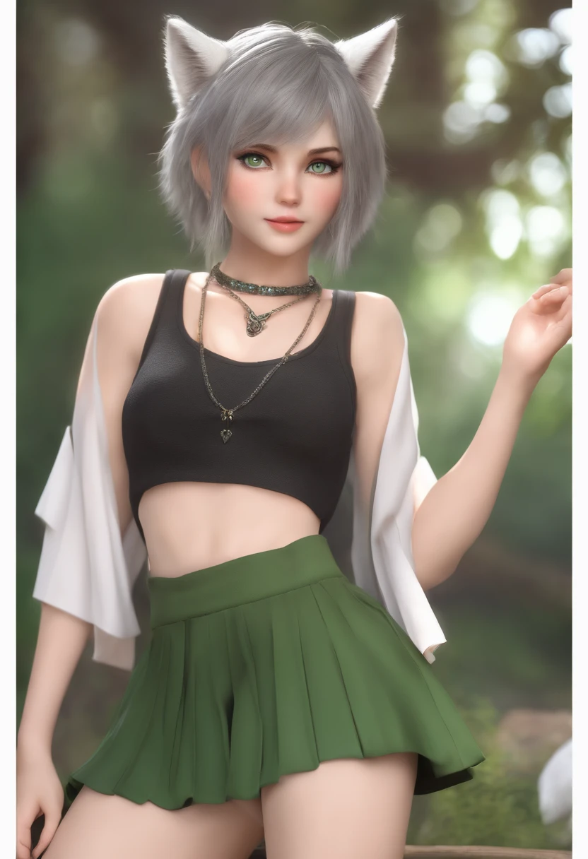 uhd, dslr, high quality, realistic, photo realistic, hyper realistic femboy, grey hair, green eyes, wolf ears, wolf tail, thick thighs, small chest, flat chest, short wild hair, , american, skirt, croptop
