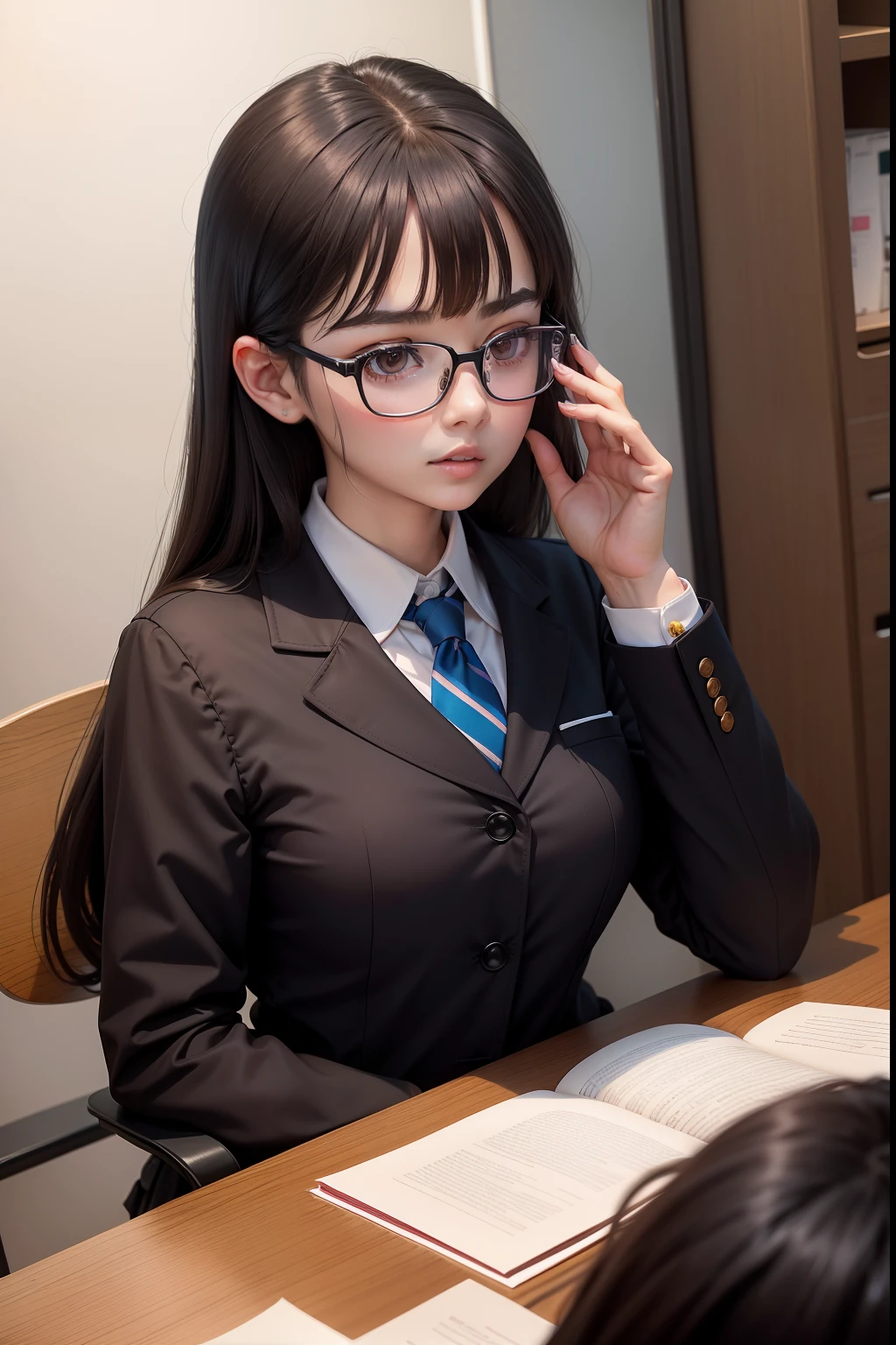 A dark-haired eye glasses Mini Uniform chairman Looks like it's going to tear female high-school student