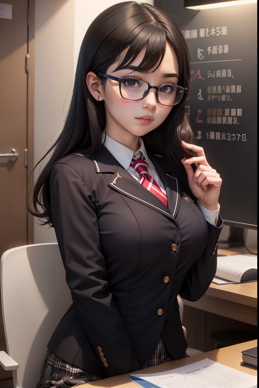 A dark-haired　eye glasses　Mini Uniform　chairman　Puffy　female high-school student