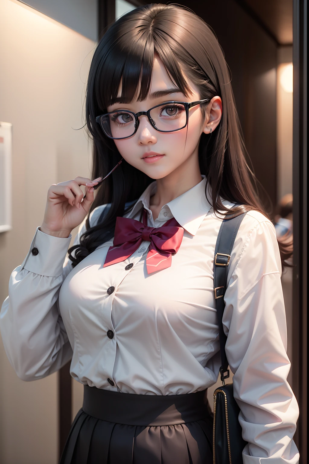 top-quality、​masterpiece、High school girl wearing glasses、underboob、