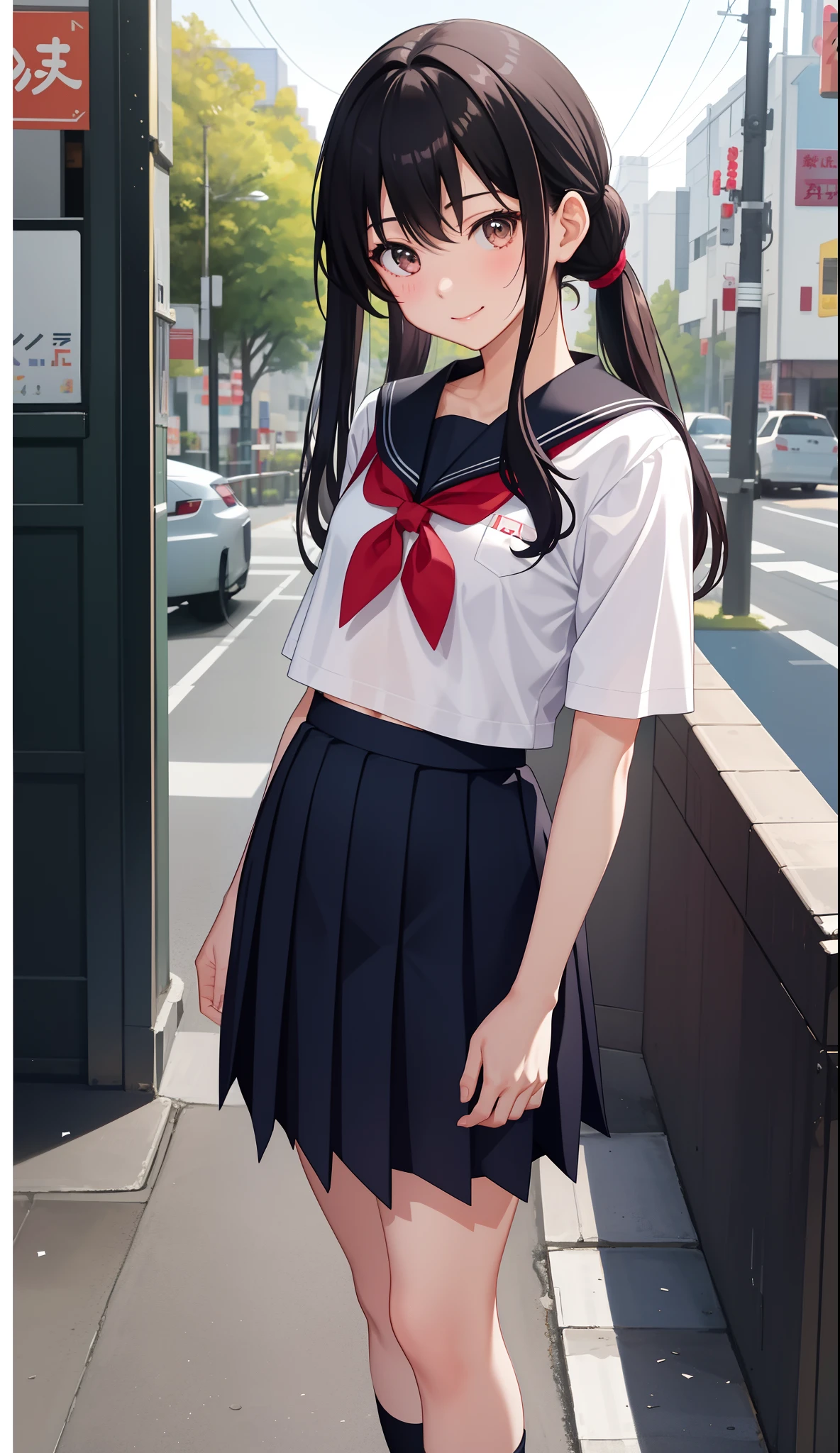 1girl in、AS-Adult、A smile、（Tsundere）、The shirt、skirt by the、（small tits）Chilarism、Japan High School Student Uniform、serafuku、summer clothing、（Sheer Bra）、Upper body portrait、