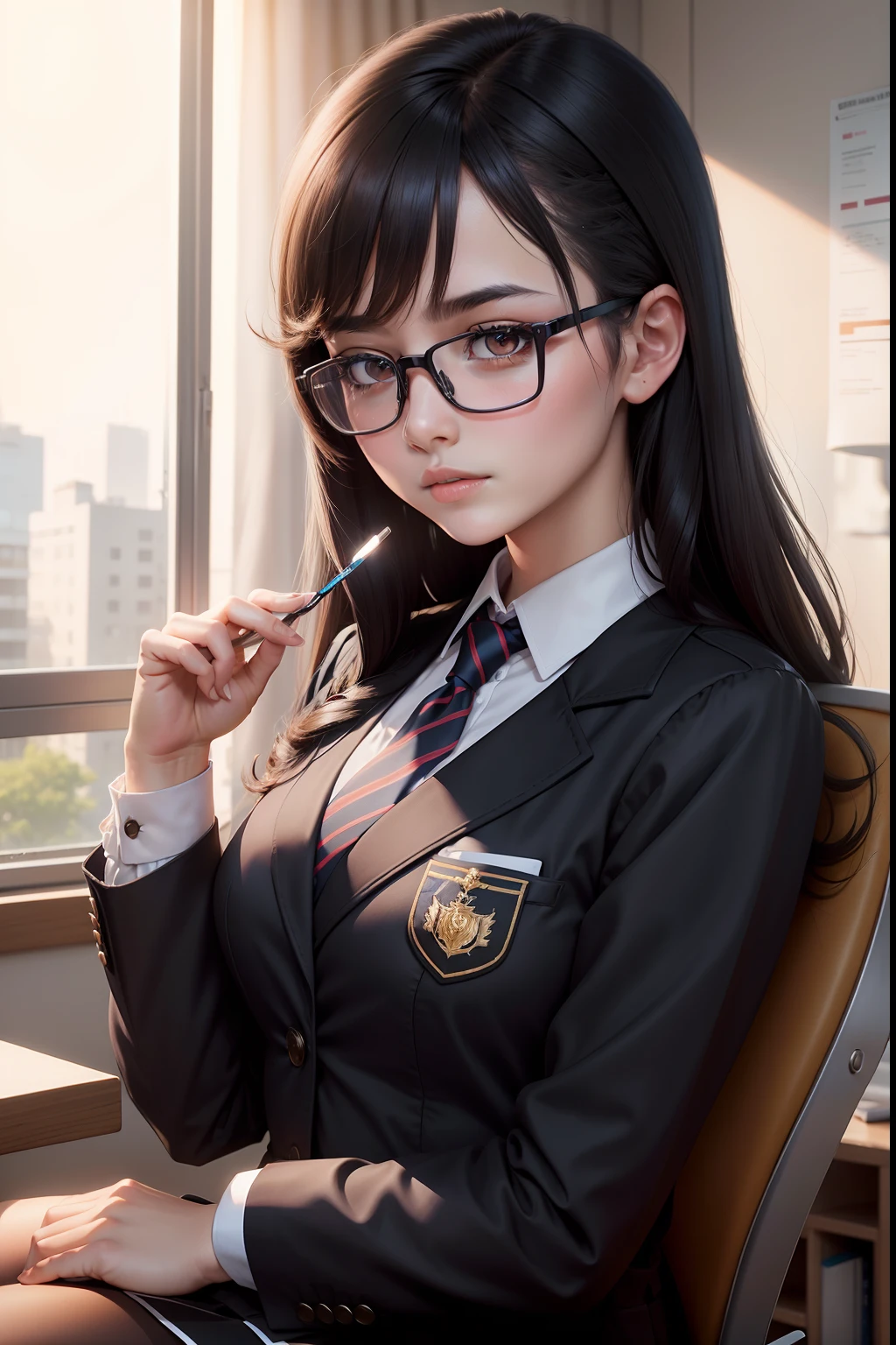 A dark-haired eye glasses Mini Uniform chairman Poyonpoyon female high-school student