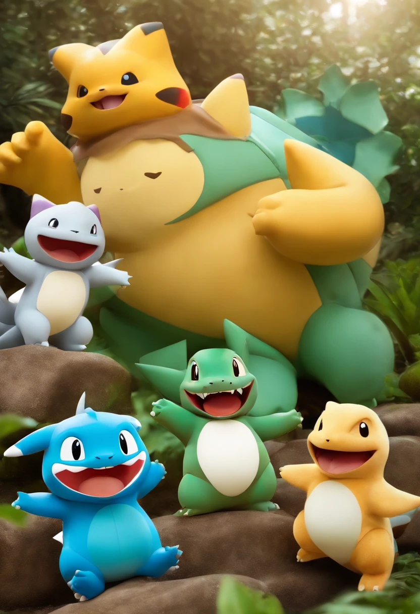 Fotografia completa e centralizado, Fotografia com Qualidade 8k, Hiper Realismo na Fotografia, ultra Realismo na Fotografia, obra-prima, melhor qualidade, Pokémon sprigatito characters, quaxly, Growlithe, Buizel, Tepig, Flatchichling,  Pikachu, Bulbasaur, Snorlax, Lucario, Charizard todos juntos em uma festa infantil se divertindo, pulando, brincando, fun, heaven, nuvem, (Close-up:1.1), brilhante, Feliz, divertido, soft-lighting, (Bauhaus, Forms, linhas, abstrato:1.1), (the Character is sideways in the photograph in the Attack position), The character is sideways to the right flying in the attack position, ((melhor qualidade)), ((obra-prima)), (detalhado), 8k UHD, Nikon 70d | | |, ISO200, F/2.8, 1/25, 70mm.