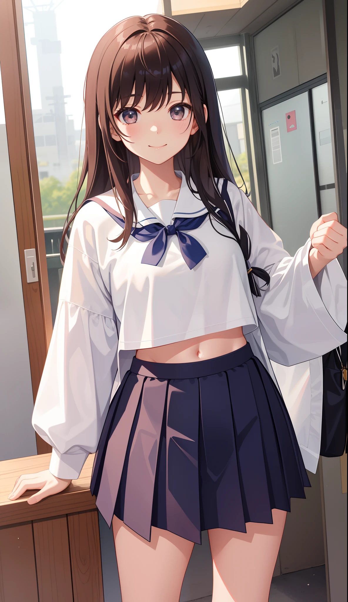 1girl in、AS-Adult、A smile、（Tsundere）、The shirt、skirt by the、（small tits）Chilarism、Japan High School Student Uniform、serafuku、summer clothing、（Sheer Bra）、Upper body portrait、