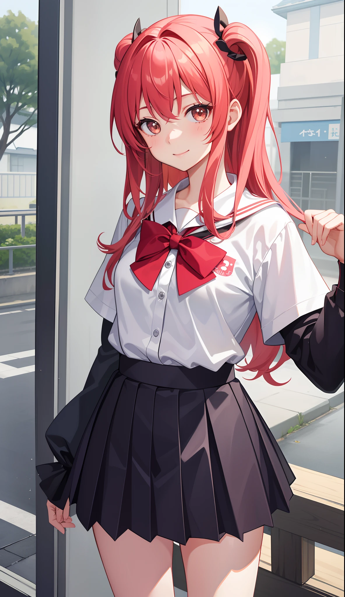 1girl in、AS-Adult、A smile、（Tsundere）、The shirt、skirt by the、（small tits）Chilarism、Japan High School Student Uniform、serafuku、summer clothing、（Sheer Bra）、Upper body portrait、