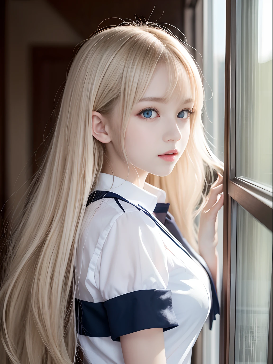 portlate、School Uniforms、bright expression、Young shiny shiny white shiny skin、Best Looks、Blonde reflected light、Platinum blonde hair with dazzling highlights、shiny light hair,、Super long silky straight hair、Beautiful bangs that shine、Glowing crystal clear attractive big blue eyes、Very beautiful nice cute girl、Lush bust、
