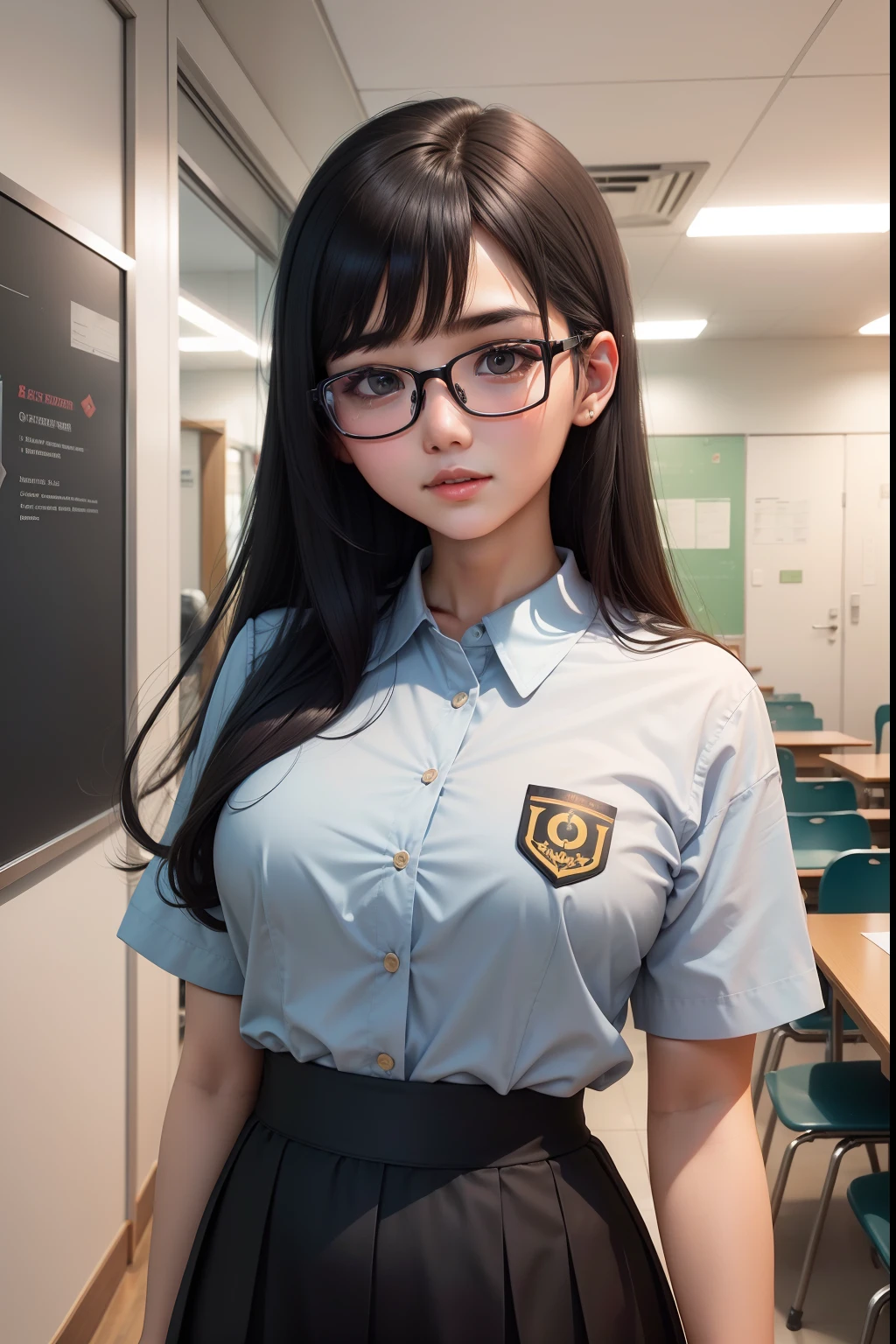 A dark-haired　eye glasses　Mini Uniform　chairman　Ulu Ulu　female high-school student