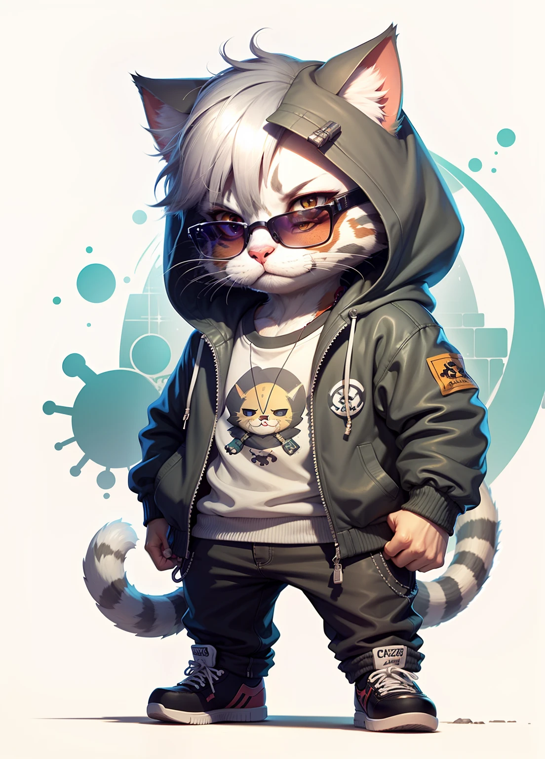 C4tt4stic, Cartoon Kizitora gray cat in jacket and skateboard, Sunglasses,