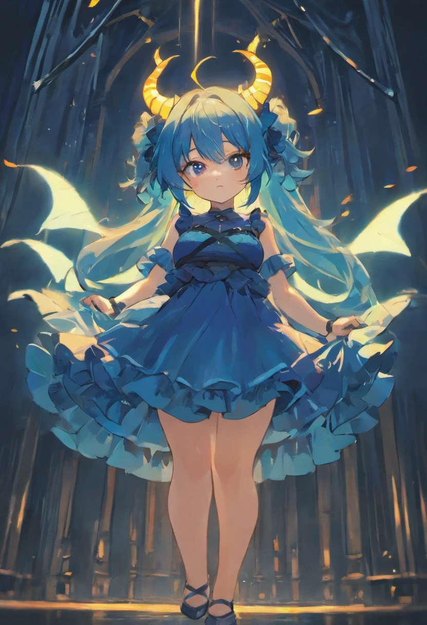 enigmatic and quiet, (shimmering orange eyes), ((Deep Azure hair)), (Straight long hair), ((Twin pitch black demon horns)), otherworldly, exceptionally beautiful, (((plump))), (big breasts), curvy, (((White top and dark blue ruffled skirt))), (ethereal spirit), ((slight smile)), (high quality), volumetric lighting, evening light