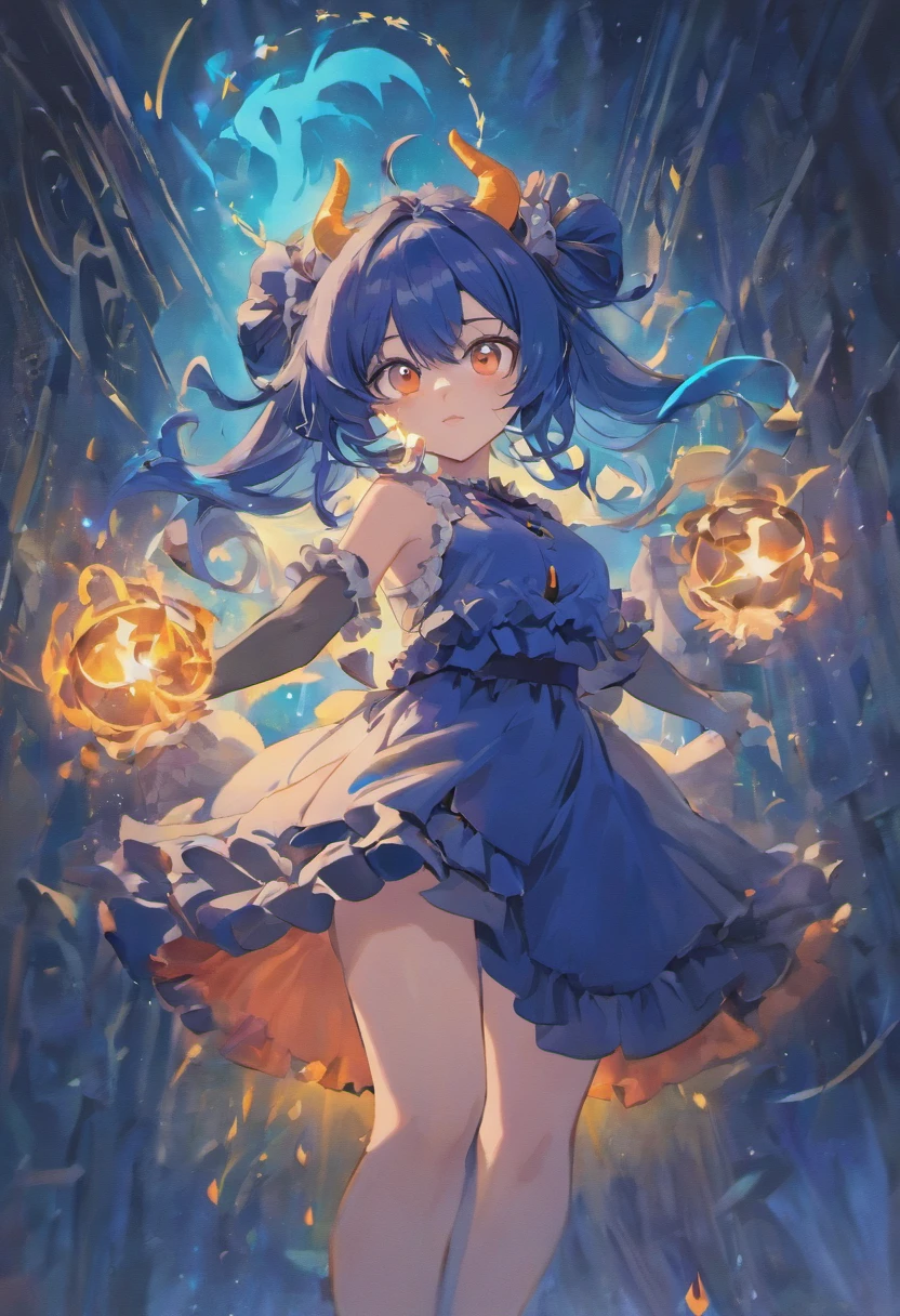 enigmatic and quiet, (shimmering orange eyes), ((Deep Azure hair)), (Straight long hair), ((Twin pitch black demon horns)), otherworldly, exceptionally beautiful, (((plump))), (big breasts), curvy, (((White top and dark blue ruffled skirt))), (ethereal spirit), ((slight smile)), (high quality), volumetric lighting, evening light