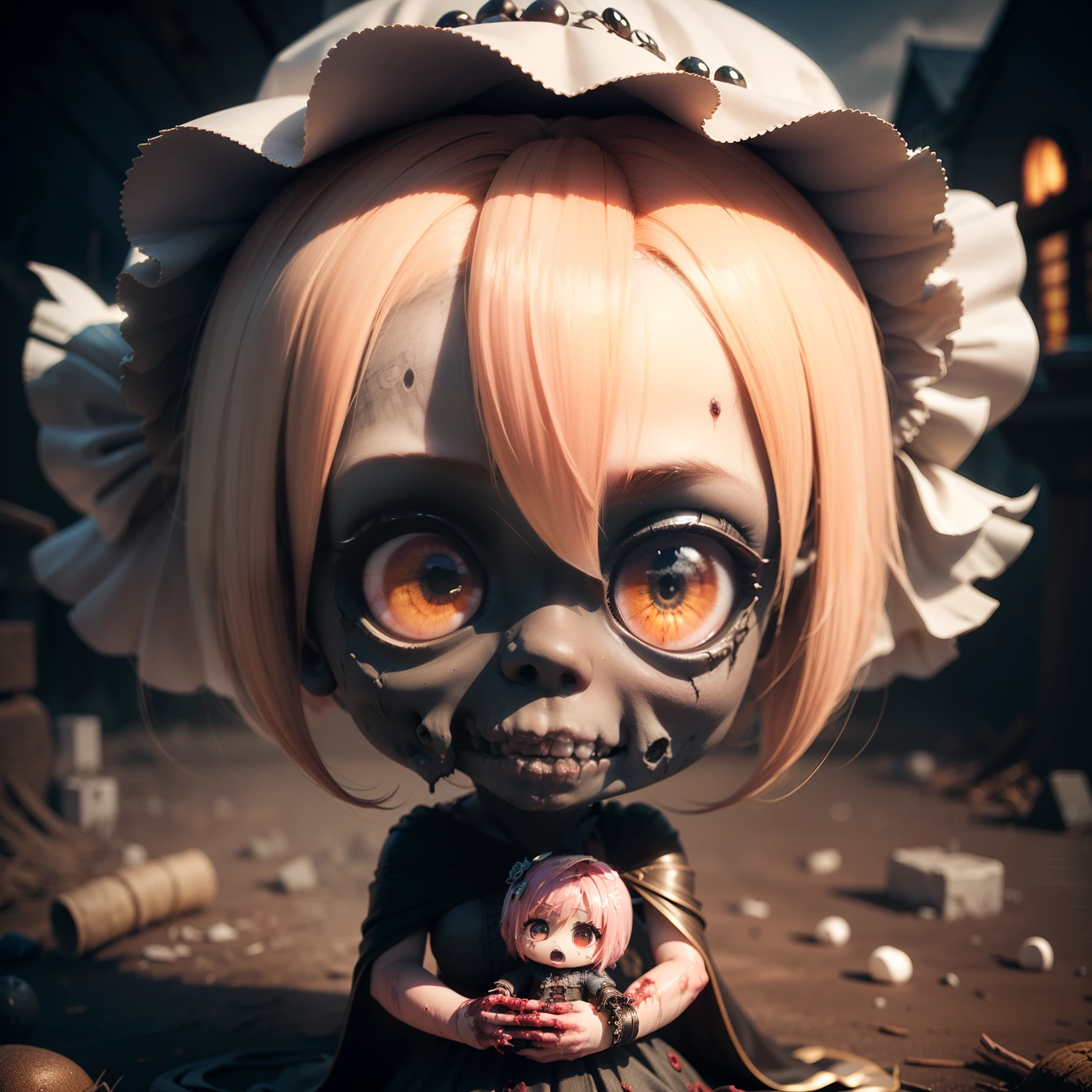 Cute Baby Chibi Anime,(((Chibi 3D))) (8k wallpapers with highly detailed CG units, masutepiece, Best Quality, Ultra-detailed), (The best lighting, Best Shadow), (Perfect and symmetrical surface (((Zombie Woman, rotting skin))), With eyes that reflect the beauty of the world), Attractive, floating, High resolution, Dynamic Angle, Dynamic Pose, graveyard background, Spooky and eerie night.weddingdress、Hair veil(Chibi:1.5)