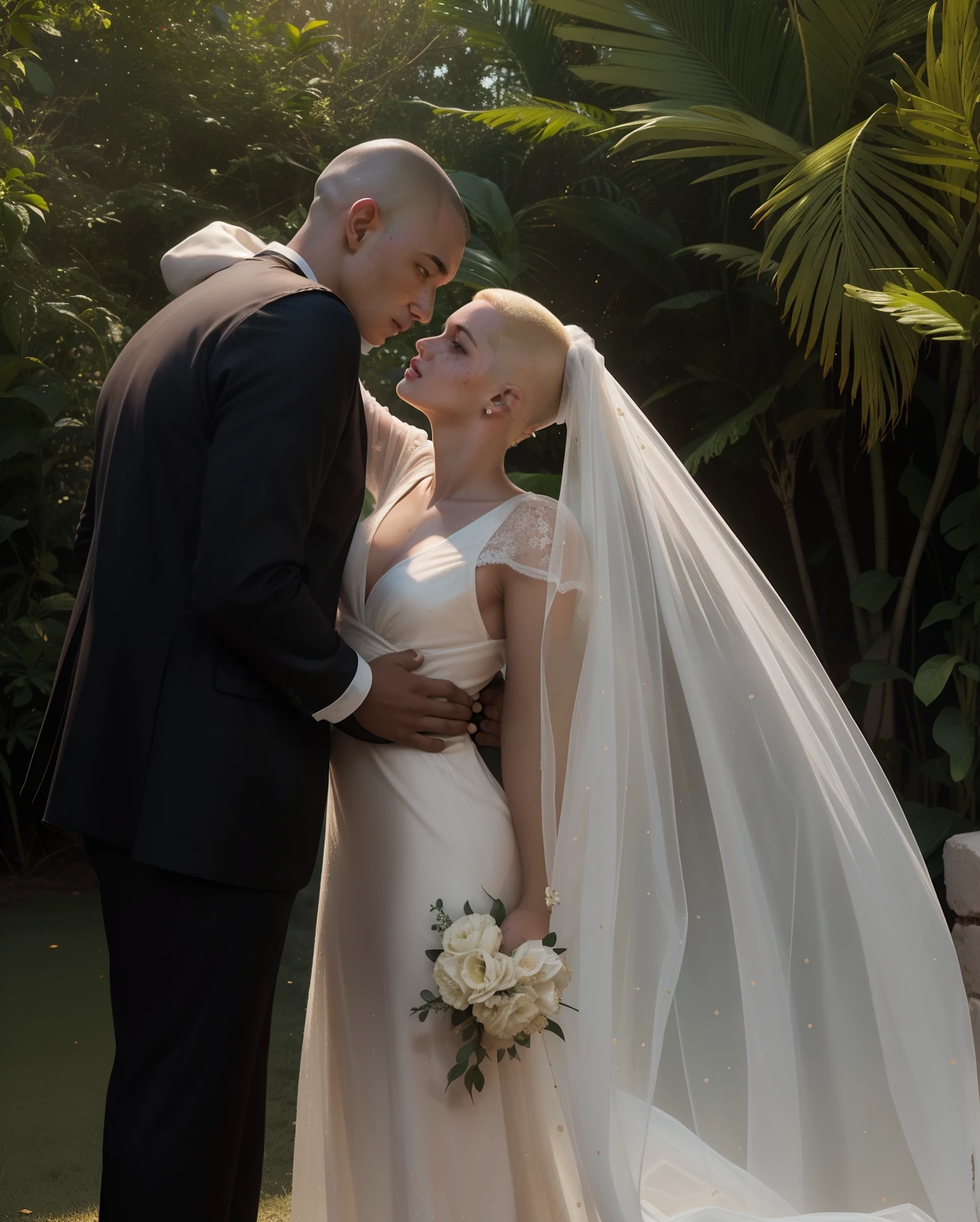 Homem de pele caramelo, buzz cut, cavanhaque, 30 anos, mulher (Rosto de uma mulher, americana, 19 anos, pale skin and freckles, olhos cinzas, nariz delicado, soft and delicate lips, cabelo blondie cinza)