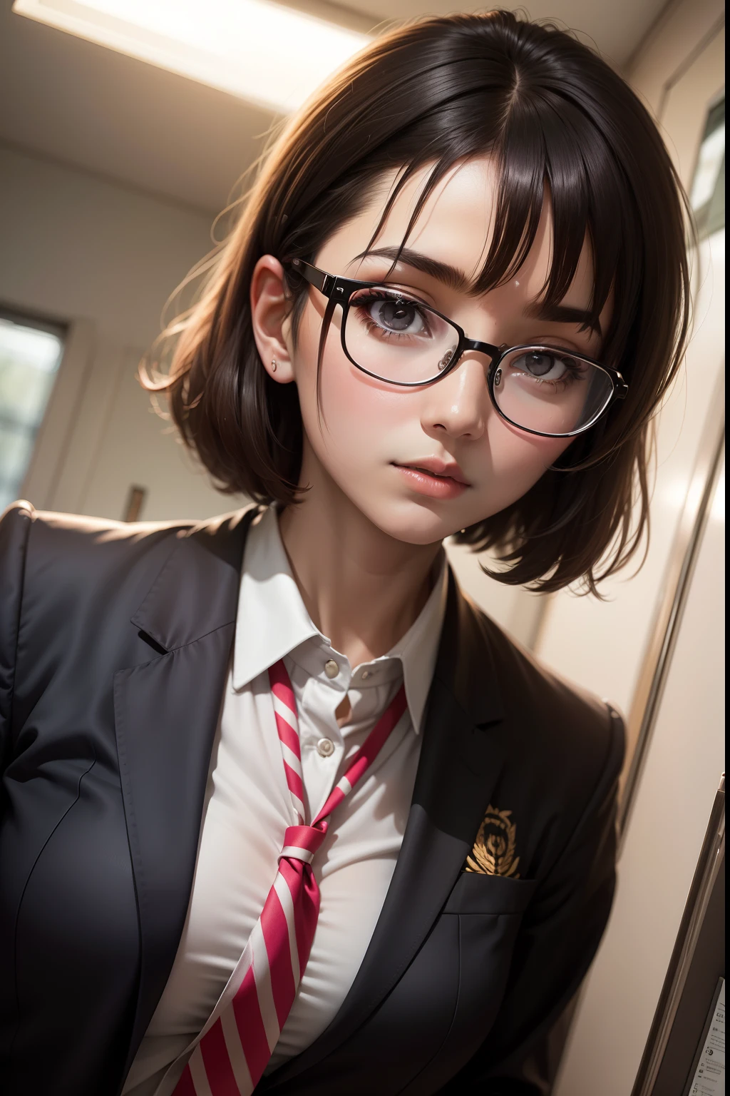 masuter piece, best qualtiy, (((realisitic, Photorealsitic:1.37))), ((独奏)), 8K image quality, Extremely delicate and beautiful, splendid, Official art with attention to detail, Ridiculous, Unbelievably ridiculous, huge filesize, ultra-detailliert, ighly detailed, (Petite and cute girl), (detailed girl), extremely detailed eye and face, Beautiful detailed eyes, Light makeup,, (Perfect female figure), (The beauty of the Japan), ((fullllbody)), ((Put the head in the frame)), A dark-haired, With bangs, (Cute little glasses), ((Pupils)), ((Dark red blazer on uniform), ((Miniskirt with tartan check)), (Seats next to the classroom),