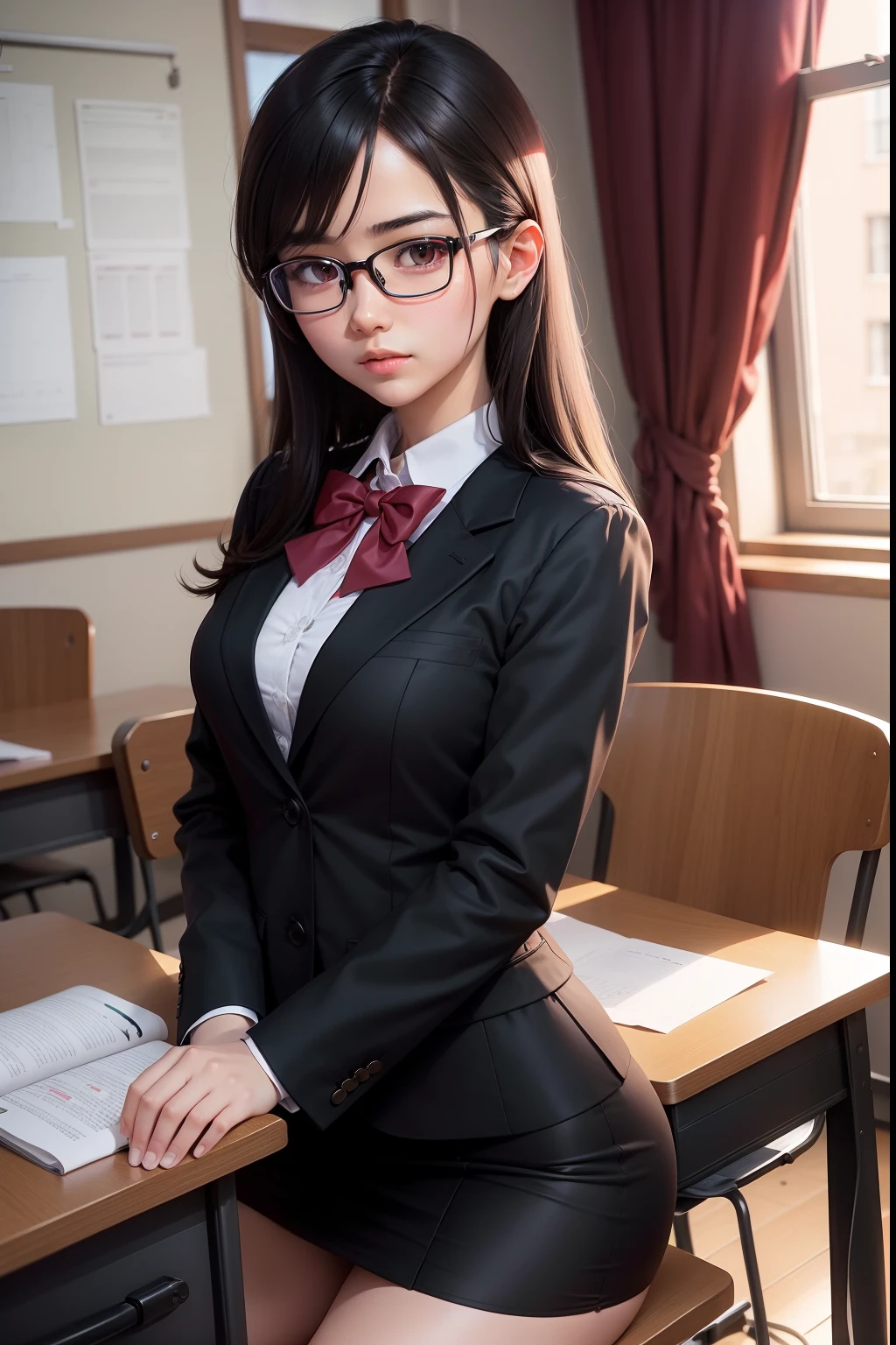 A dark-haired eye glasses Mini Uniform chairman Iro-ishi female high-school student