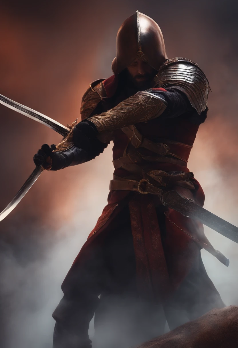 um homem, forte, Lutando, com uma espada, dynamic pose, em armadura