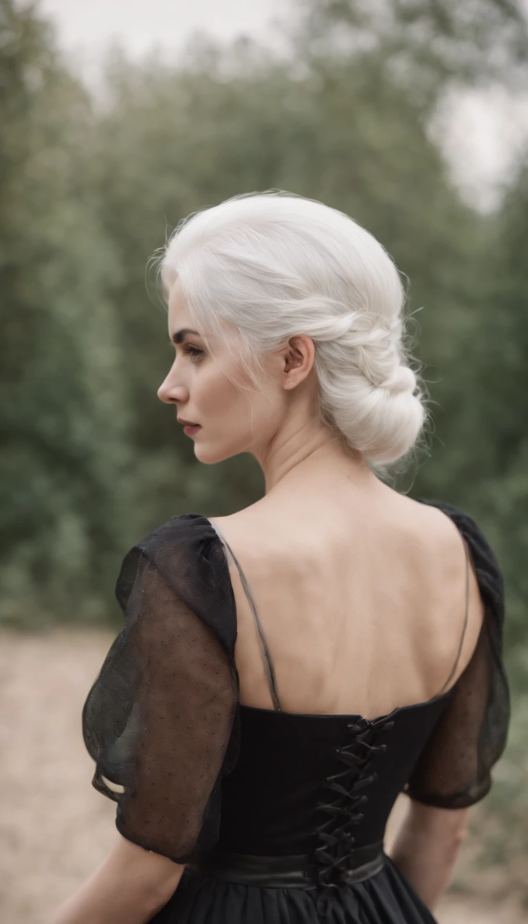 White hair wearing black dress girl back