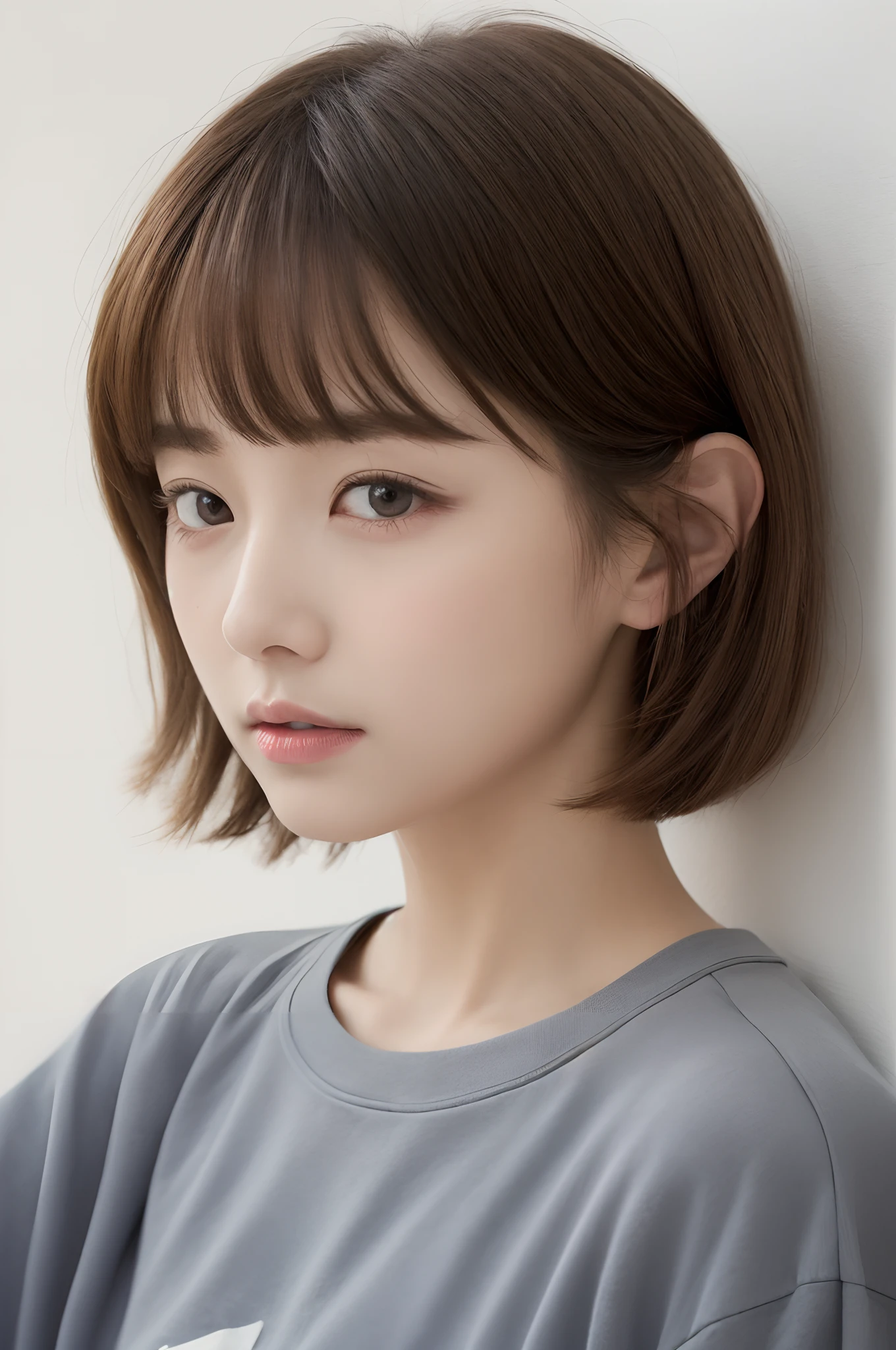 top-quality、masterpiece、hight resolution、1girl in、独奏、Raw photo、Real person、Detailed skin、japanes、a blond、thin bunches of bangs、short-hair、bob cuts、Rear head、fully body photo、Sweatshirt、White Room、white walls