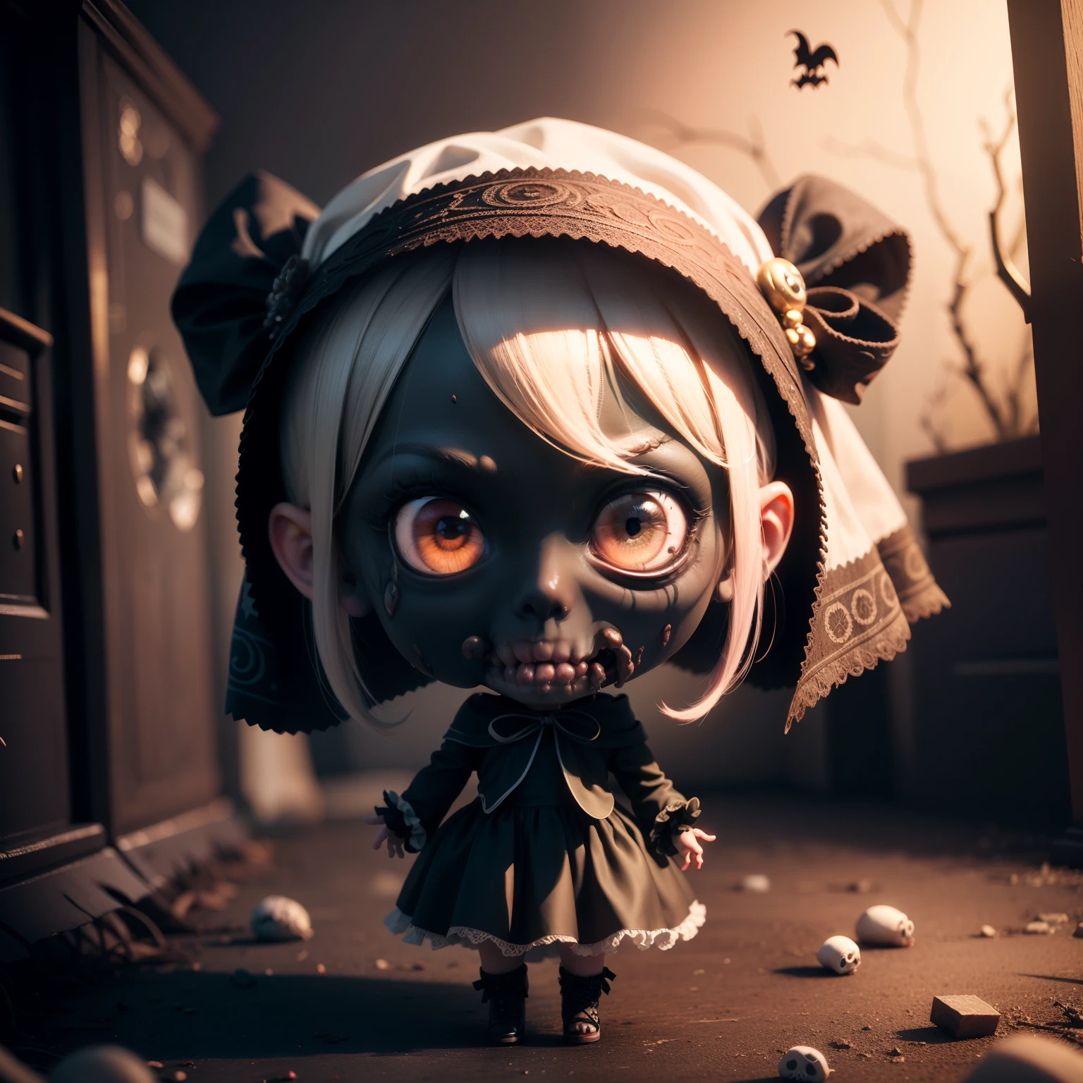 Cute Baby Chibi Anime,(((Chibi 3D))) (8k wallpapers with highly detailed CG units, masutepiece, Best Quality, Ultra-detailed), (The best lighting, Best Shadow), (Perfect and symmetrical surface (((Zombie Woman, rotting skin))), With eyes that reflect the beauty of the world), Attractive, floating, High resolution, Dynamic Angle, Dynamic Pose, graveyard background, Spooky and eerie night.weddingdress、Hair veil(Chibi:1.5)