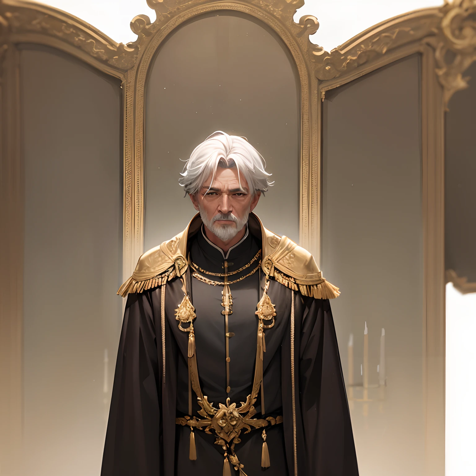 hightquality、detaileds、Old Man、skin tanned、Pure white background、Black and gold robe、Standing、Upper body is shown、Alone、Angle close to the target、Gray hair、