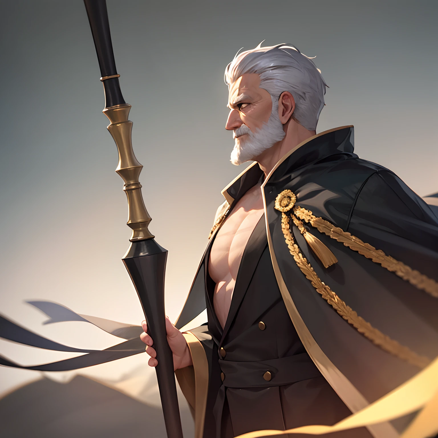 hightquality、detaileds、Old Man、skin tanned、Pure white background、Black and gold robe、Standing、Upper body is shown、Alone、Angle close to the target、Gray hair、
