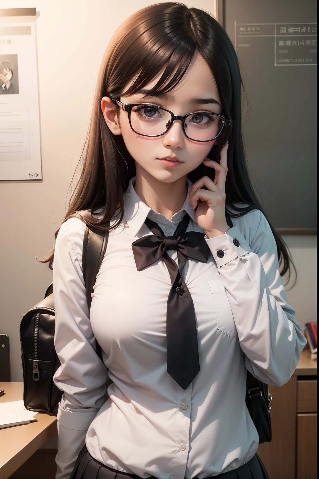 Realistic，2D screen，8K screen，Lots of detail，College student youth，Chinese women，Wear a white shirt and tie，Newcomers to the workplace，Work seriously，With a bow，Khaki blazer，black long pants，Small chest，Feel free to sit in a chair and wait for a friend，Next to it is a cup of milk tea or a knowledge book，Immature breasts，cabelos preto e longos，Some bangs cover the left half of the forehead，Wear round glasses，Mature and stable personality，Looks gentle and quiet，Reveal something cute，The picture is smooth and not tilted，There are 5 fingers on the left and right hands