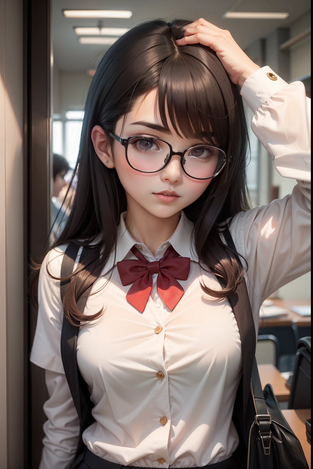 A dark-haired　eye glasses　Mini Uniform　chairman　Pudding　female high-school student