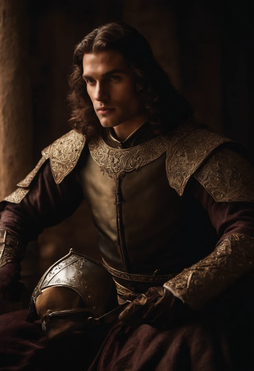 humano ladino com uma armadura desgastada escondido nas sombras, he's a thief q acts sneakily, medieval