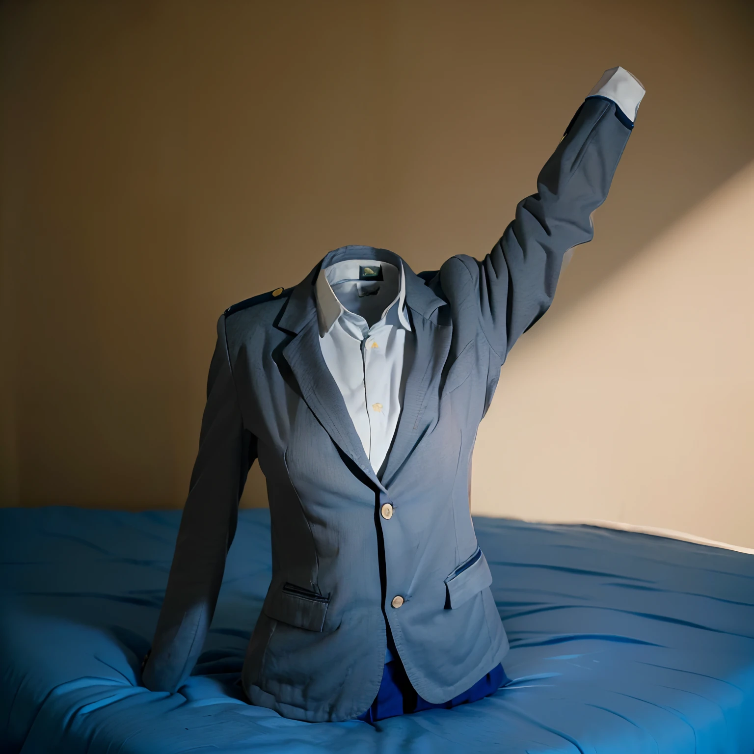(girls' school blazer on bed swells as if worn by invisible girl:1.7),((invisible, no humans:1.7, headless:1.7, handless, legless)), (big breasts:1.7),arms up,
(8k, RAW photo, best quality, masterpiece:1.4), (realistic, photo-realistic:1.5),photon mapping, radiosity, ((Hasselblad photography)),physically-based rendering,