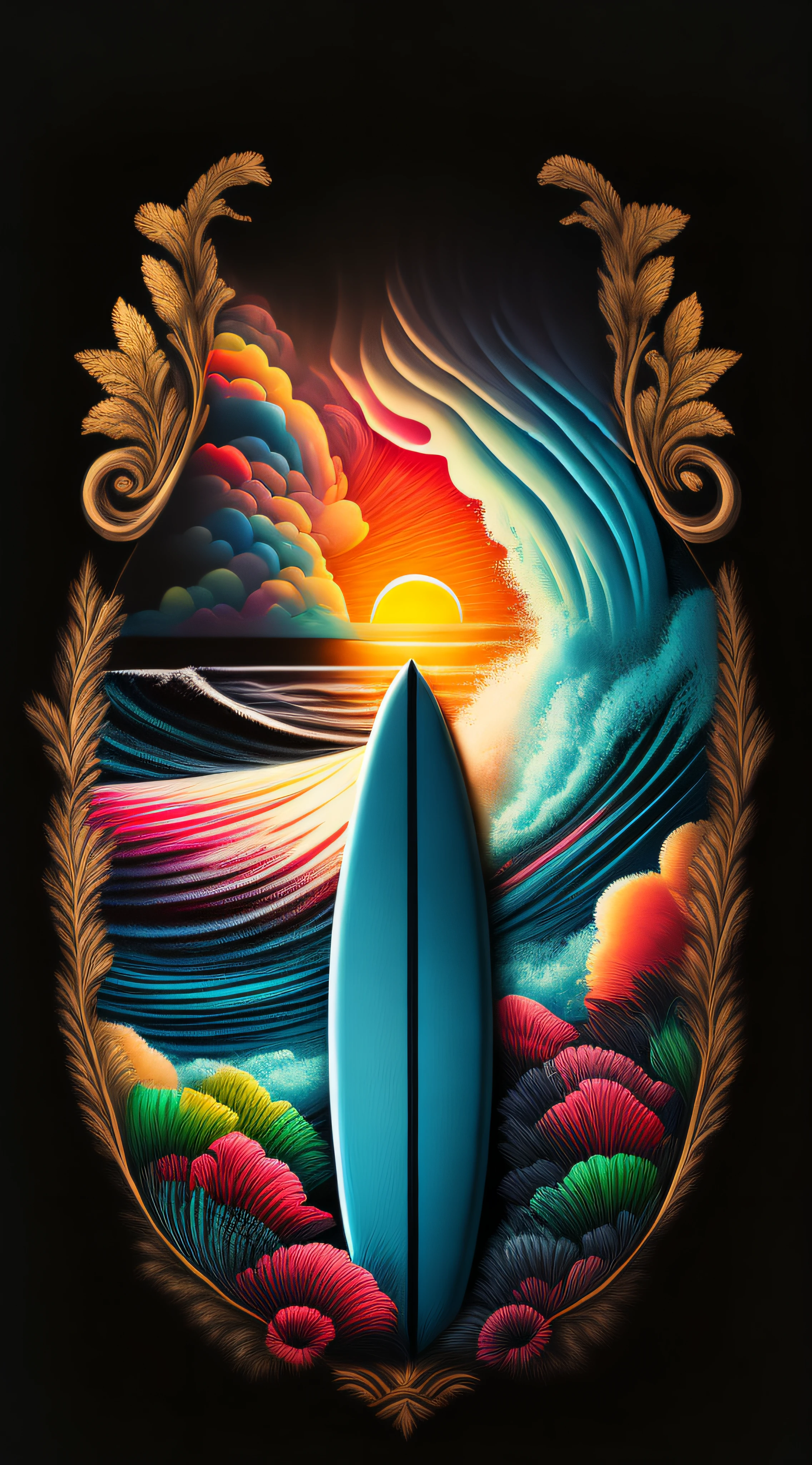 A surfboard, colorful, vintage style, (T-shirt design), centered, black background, realistic volumetric light of masterpiece