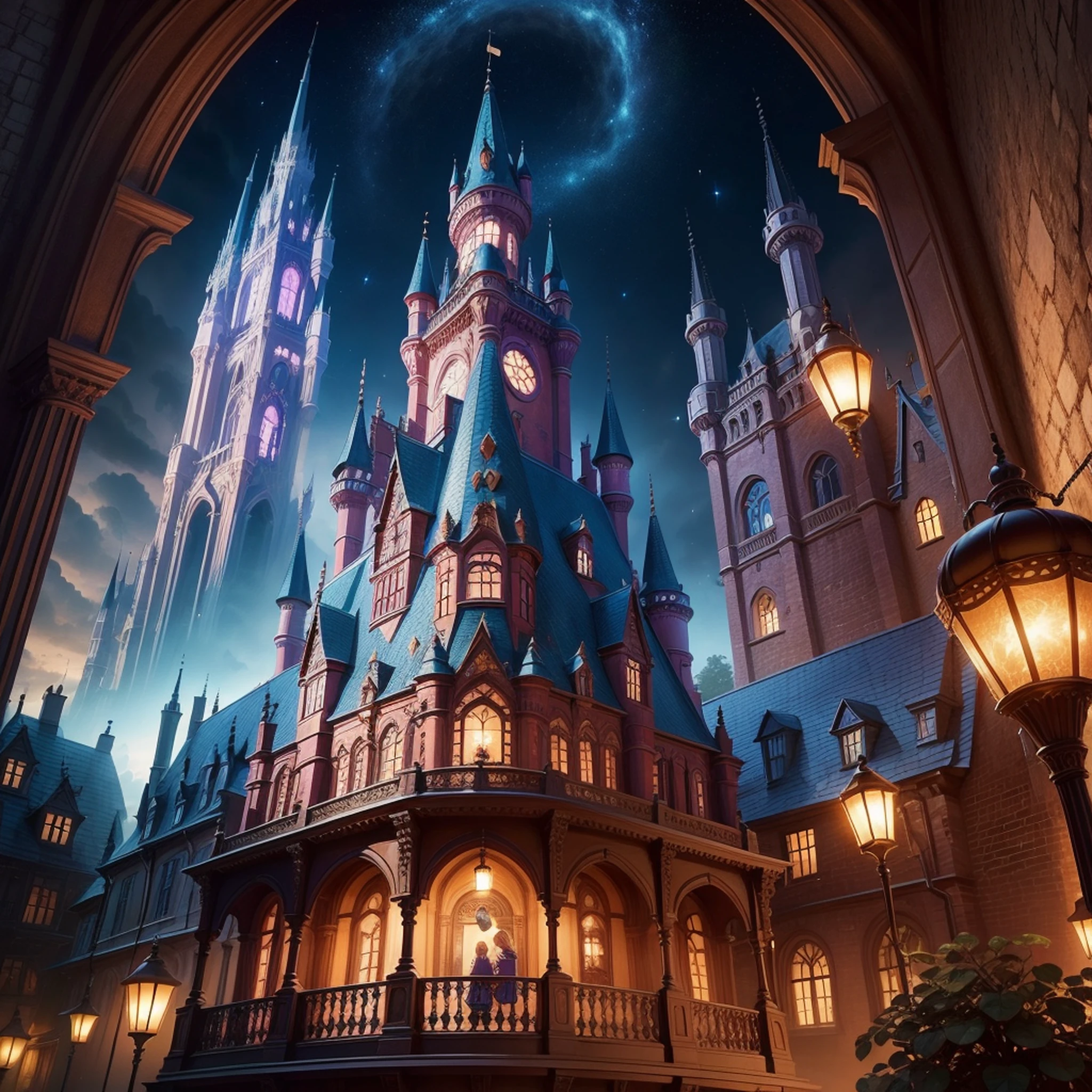 Description of the magic world, the magic world is very beautiful and magical, the whole magic world is magnificent, the magic castle is very grand and magnificent, a magic beautiful girl under the stars, (movie scenes, masterpieces, realistic, ultra-high resolution) the castle is full of magic feeling, the magic world is full of magic items and magic crafts, magic potions and magic ornaments, Gorgeous buildings and shops full of magic, magical supplies and curiosities, the city will be lit up w