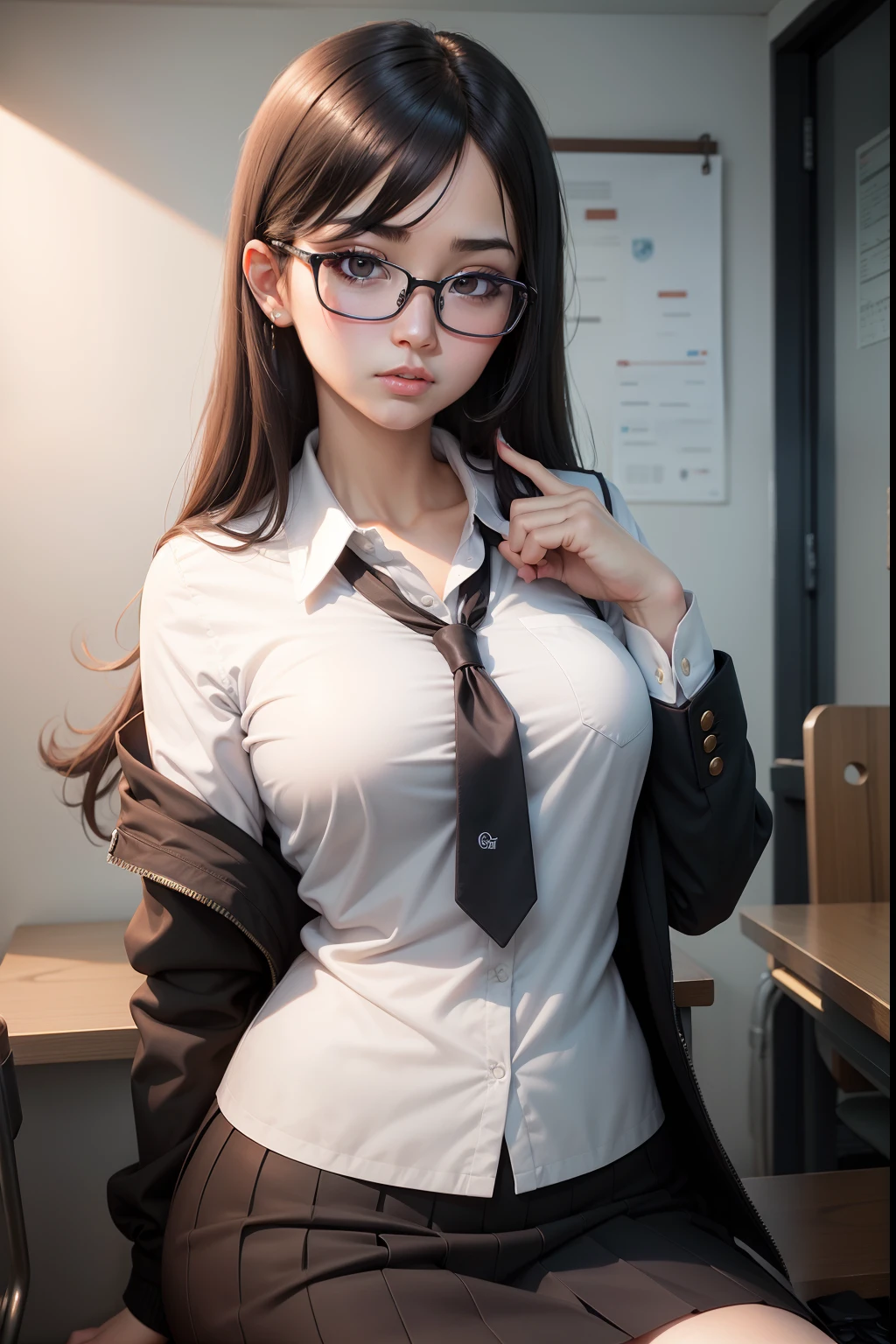 Superior Quality, Masterpiece, Ultra High Resolution, (Photorealistic: 1.4), girl, teacher, white blouse, black skirt, classroom, sitting at desk, crossed legs, pantyhose, black hair, black eye, glasses, tied hair