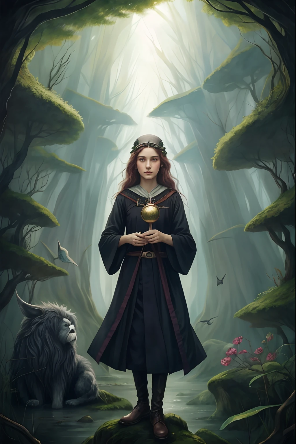 na floresta com uma bola de ouro, uma jovem bruxa, Retrato de um mago da floresta, Retrato de um jovem mago elfo, a beautiful female wizard, capa de romance de fantasia para jovens adultos, humano :: feiticeira, bruxa feminina, Ghibli Tom Bagshaw, Retrato de um mago feminino, retrato do characture da fantasia detalhado, realistic fantasy illustration