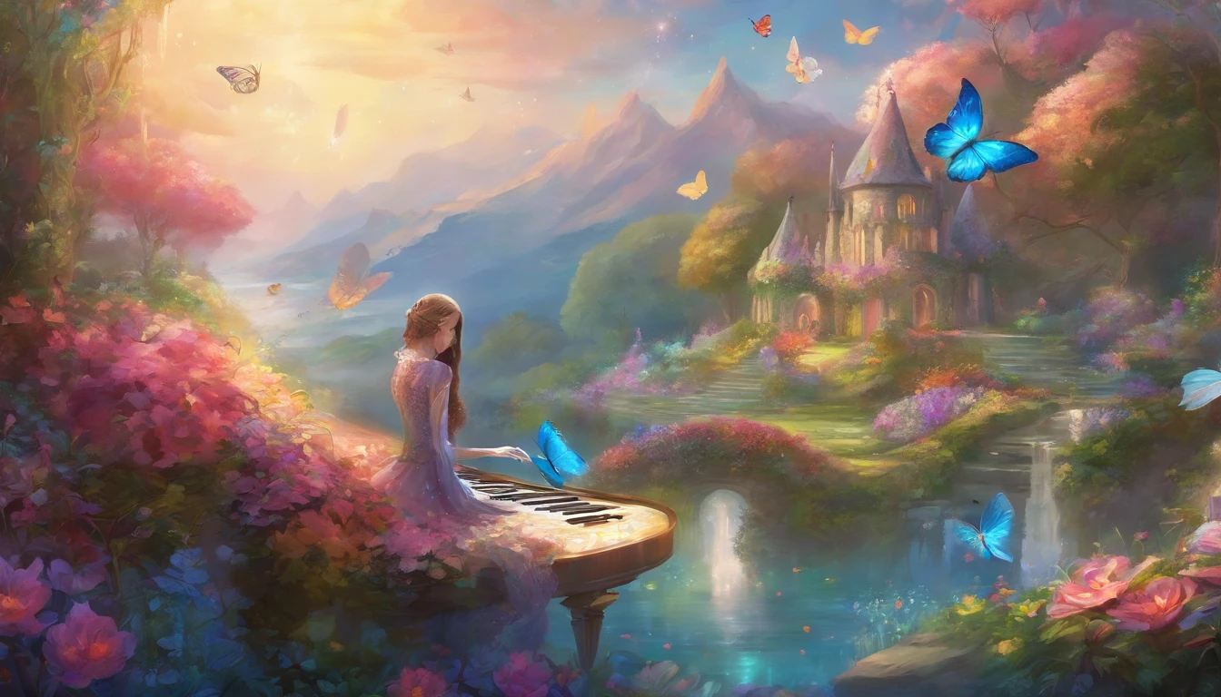 a person playing the piano in the middle of a garden, with colorful flowers, butterflies, and crystal clear water, 8k resolution.