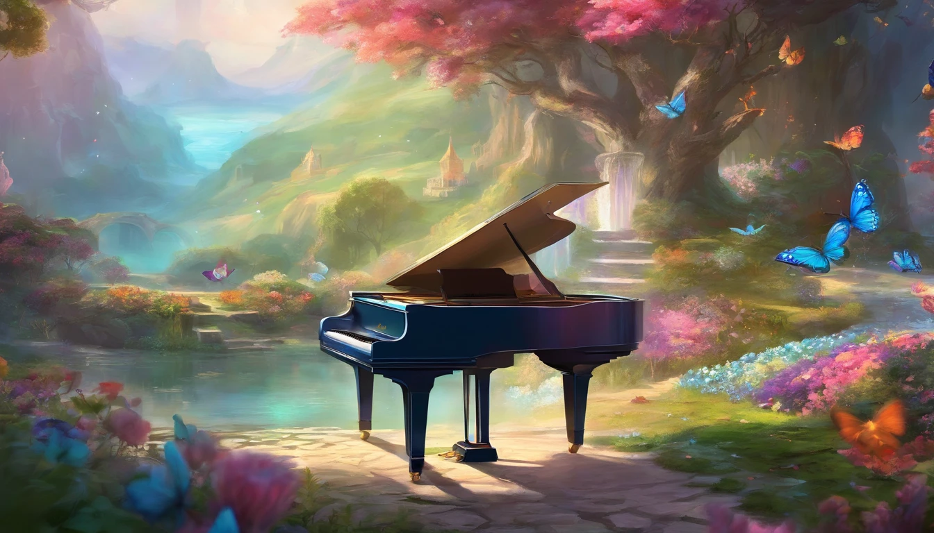 a person playing the piano in the middle of a garden, with colorful flowers, butterflies, and crystal clear water, 8k resolution.