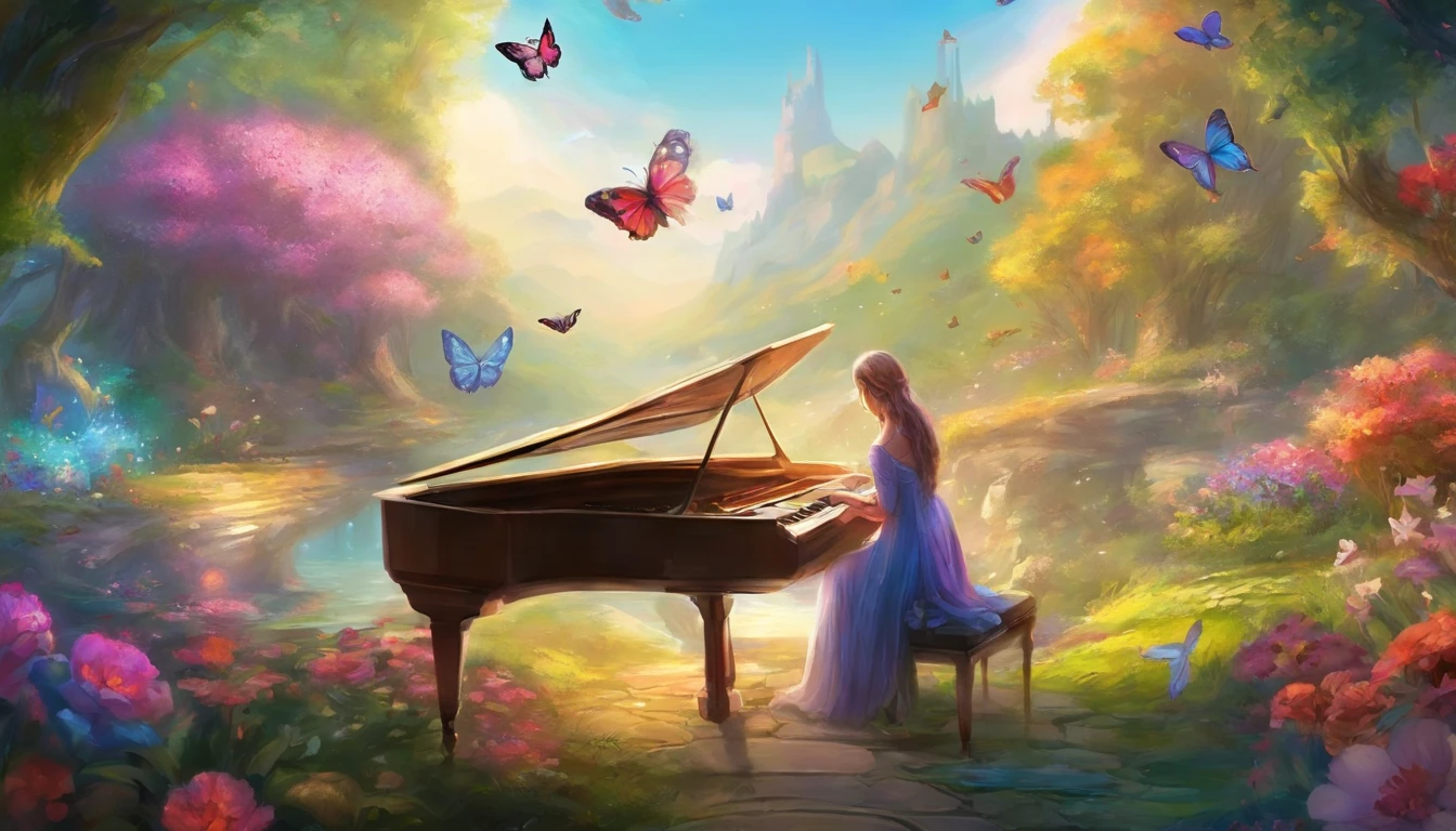 a person playing the piano in the middle of a garden, with colorful flowers, butterflies, and crystal clear water, 8k resolution.