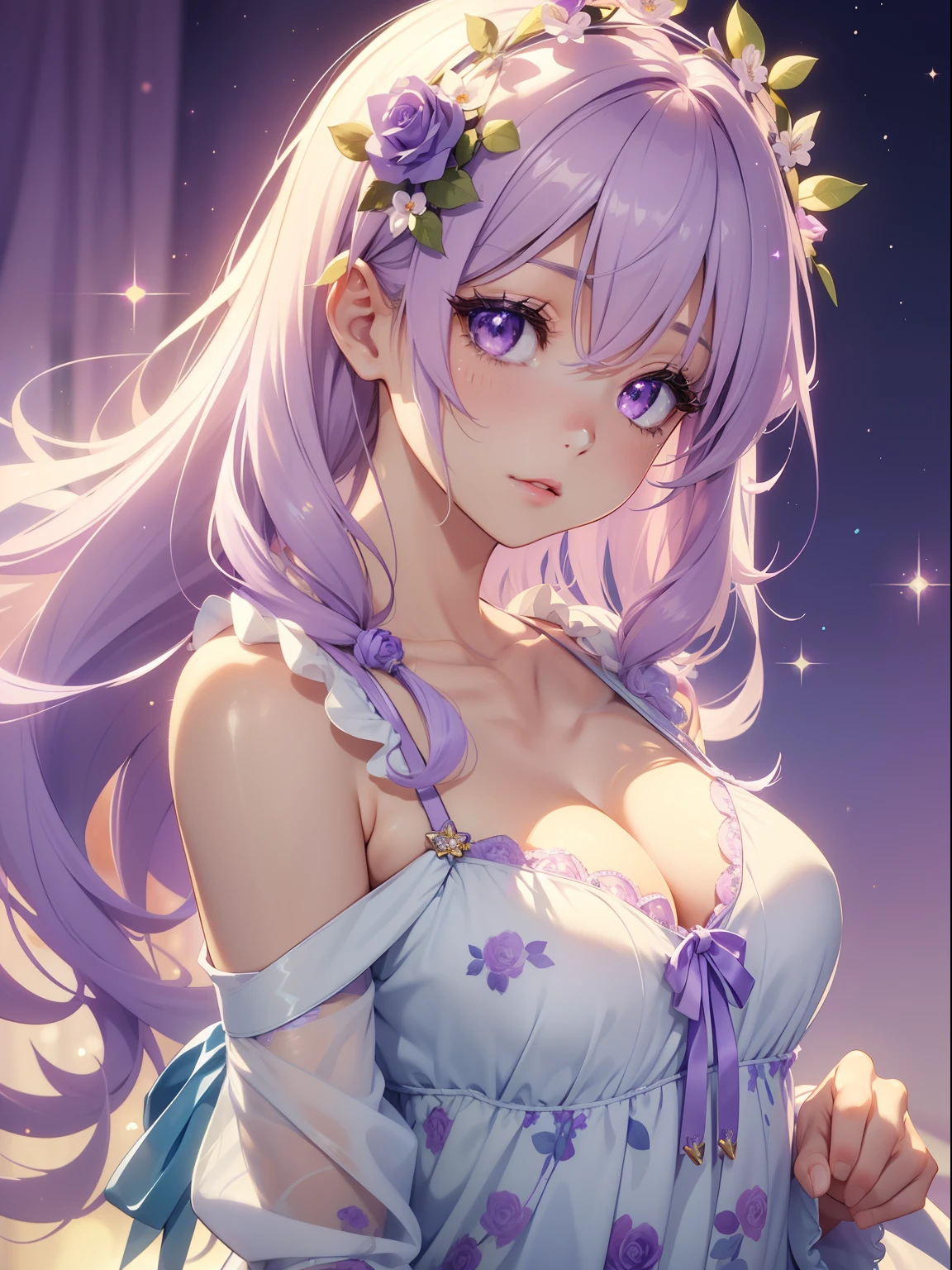 masutepiece, High resolution, 8K, anime woman, Delicate and detailed writing 、Detailed digital illustration、Straight pigtail、Shiny hair、Bangs、a very beautiful woman、Eyes are double, Large, Bust is an A cup、High image quality, High quality、Detailed background、(((Wearing cute nightwear in white and lilac)))、((Beautiful blue sky and flower field))、The inside of the eye shines like a diamond、Light purple hair、Gradient pupil、(((2 arms、4 fingers, 1 thumb)))、Detailed female face、Very beautiful and cute woman、、细致背景、masterpiece、Soft Focus , Bright gradient watercolor , Lens Flare , (((Glitter))) , Glow , Dreamy , Light Purple Ribbon、Very Beautiful Light Purple Rose Hair Accessories、Light purple and gold costume with white as the main color、((Straight at the angle of the front))、yawning being、Sleepy face、Hands outstretched