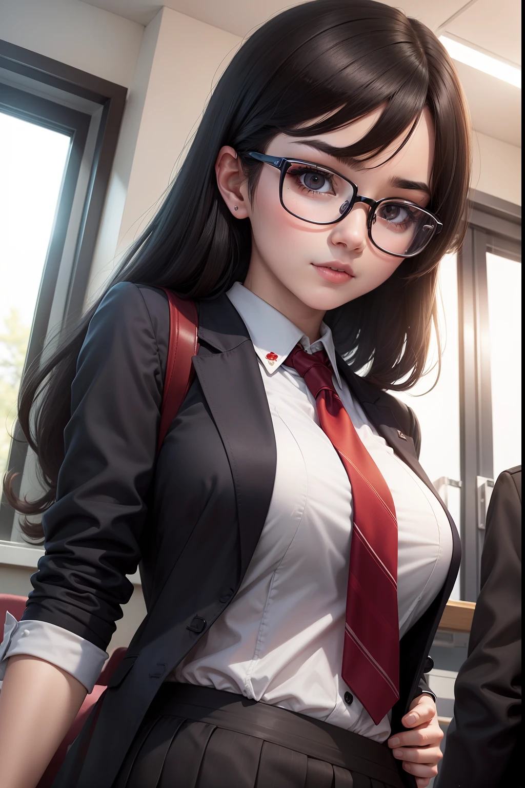 A dark-haired　eye glasses　Mini Uniform　chairman　female high-school student