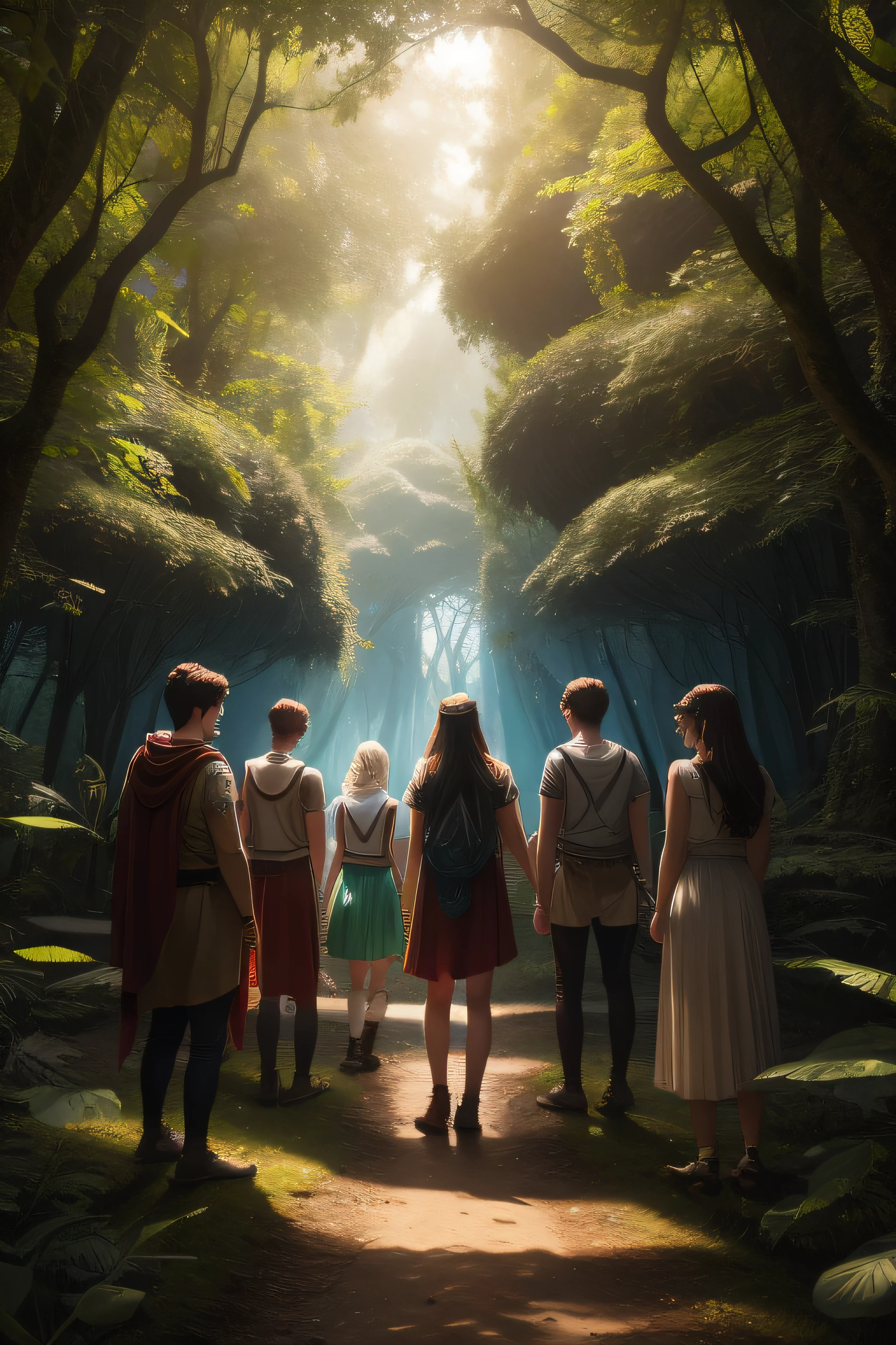 group of students in a magical forest, magical lights and mythological beings