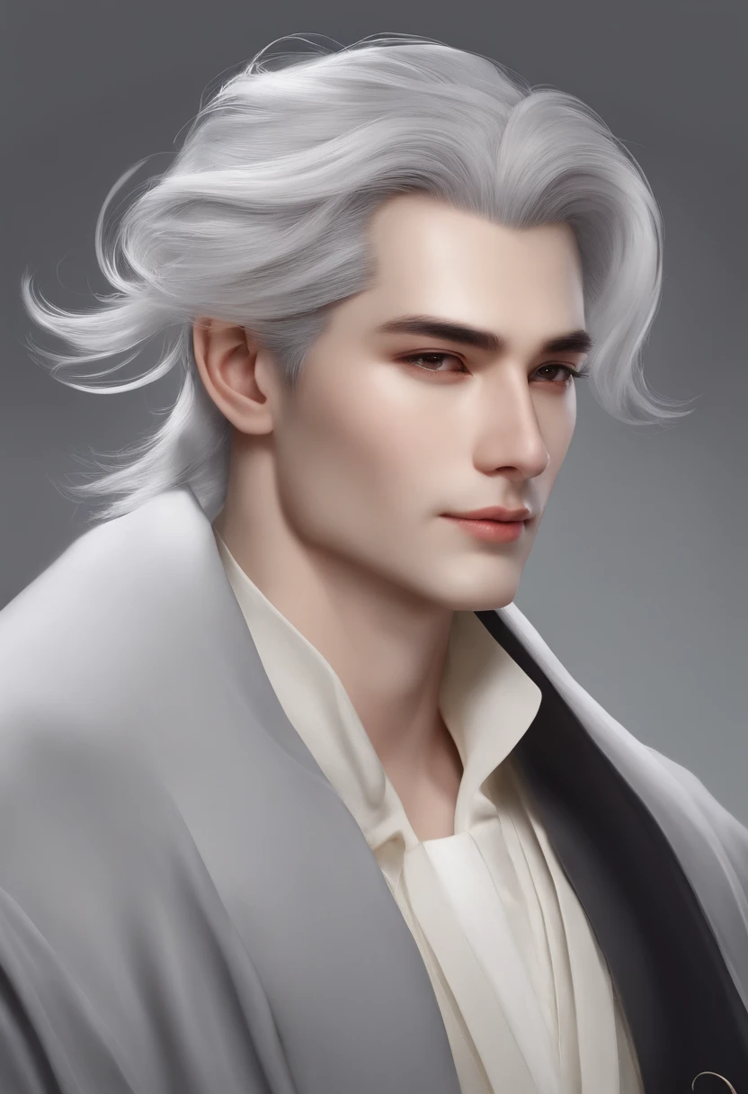 Gray hair like clouds,Untied buns,The jasper wipe on his forehead brushed a strand of white hair behind his head,Trace,Natural drape,The facial features are handsome to the point of enchantment,The whole person is also clean and tidy。