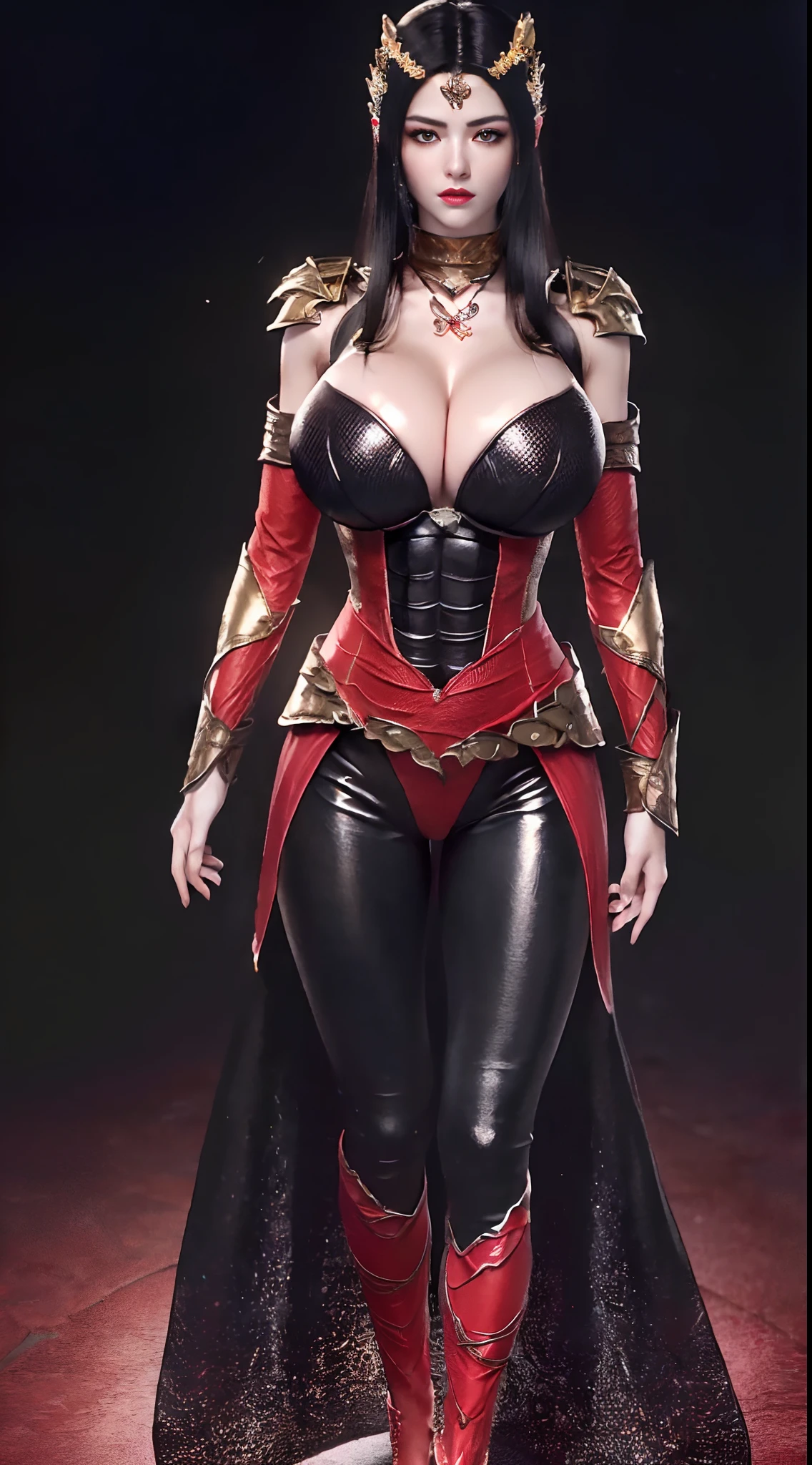 Solo, 1 Beautiful Female, Wuxia World, head ornament, (1 Girl), (full figure:1.5), (Full red golden Armor:1.4), (skintight leggings:1.5), (standing:1.3), (huge fake breasts, round breasts:1.5), (muscle abs:1.2), (black hair:1.5), (big buttock:1.1), (shiny skin:1.1), Chinese Immortal Wuxia, Lips, (jealous), Intellectual, Delicate Face, Masterpiece, Best Quality, High Quality, High Definition, High Quality Texture, High Quality Shadows, High Detail, Cinematic Light, Side Lighting, Ray Tracing, Sharp Focus, Realistic, Edge Light, (Detailed Skin Details: 1.2), 8k uhd, SLR, (soft light, high quality, high resolution:1.7), (very detailed CG unity 8k wallpaper)