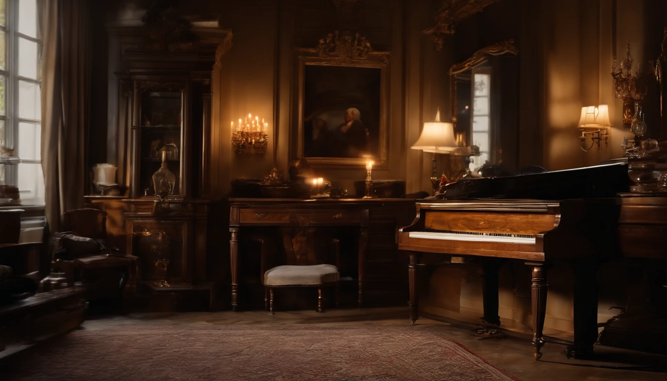 Classical composer's room, Europe, 19th century, (Photorealsitic: 1.4), top-quality, masterpiece, ultra-detailliert, natural soft light, early evening