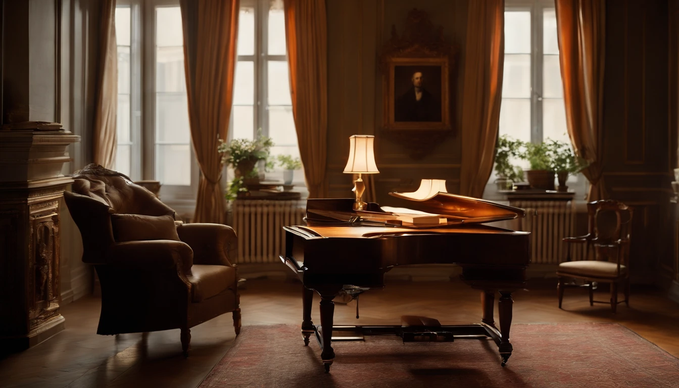 Classical composer's room, Europe, 19th century, (Photorealsitic: 1.4), top-quality, masterpiece, ultra-detailliert, natural soft light, early evening