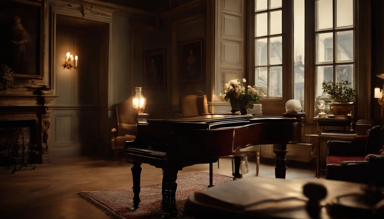 Classical composer's room, Europe, 19th century, (Photorealsitic: 1.4), top-quality, ​masterpiece, ultra-detailliert, natural soft light, early evening