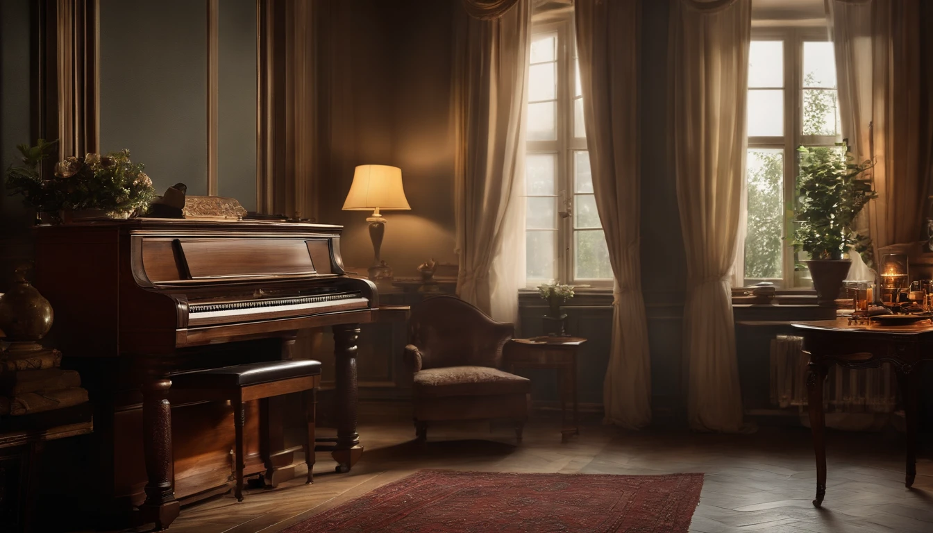 Classical composer's room, Europe, 19th century, (Photorealsitic: 1.4), top-quality, ​masterpiece, ultra-detailliert, natural soft light, early evening