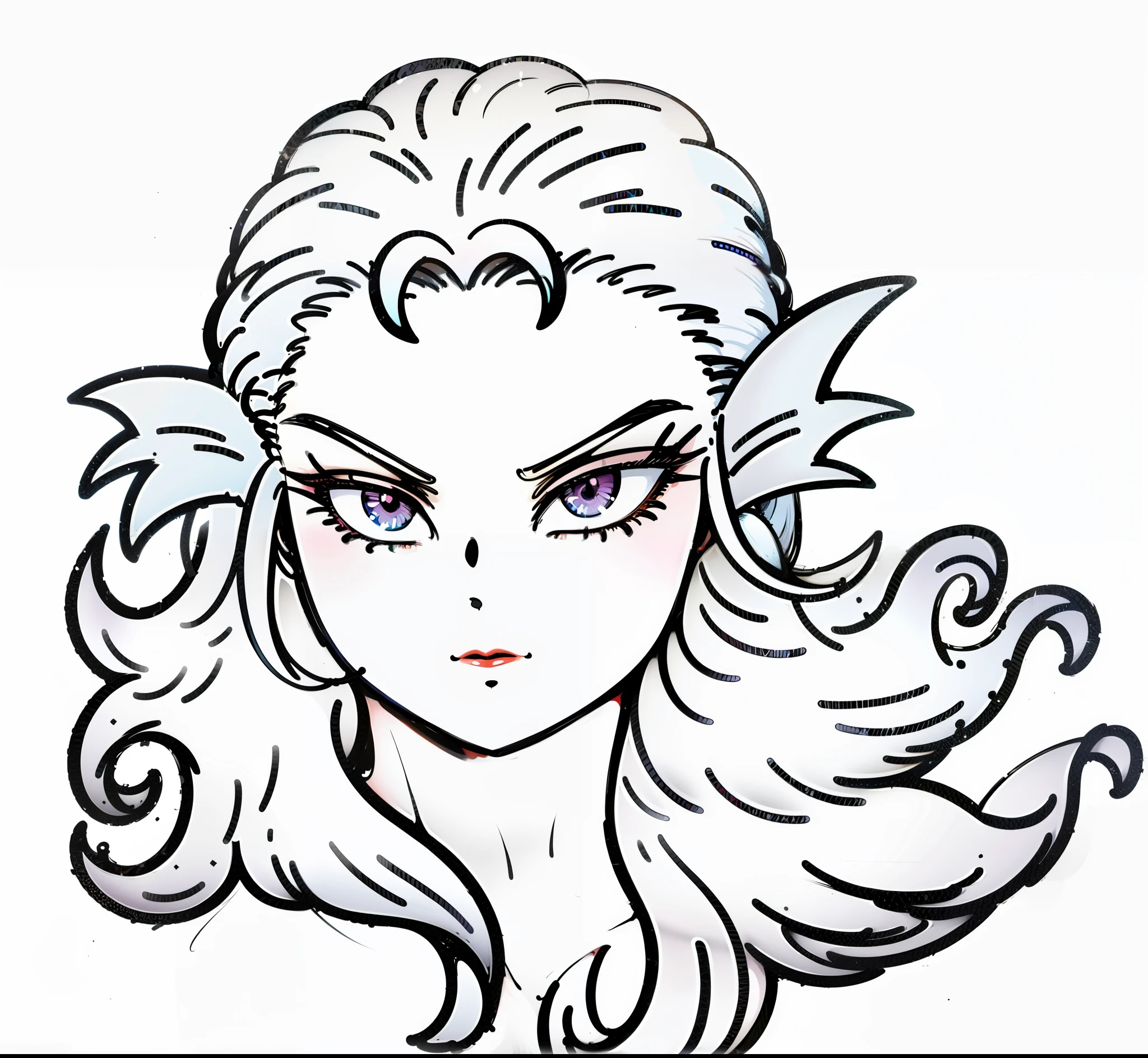 8K, High Definition, Animated, married woman, Beautiful, Bright, Eye Highlights, Sexy, Erotic, beautiful line art.
light blue skin, Blue and orange gradient ear fins,  Purple eyes, Pale red lipstick, Well drawn, White hair, Dark makeup,
