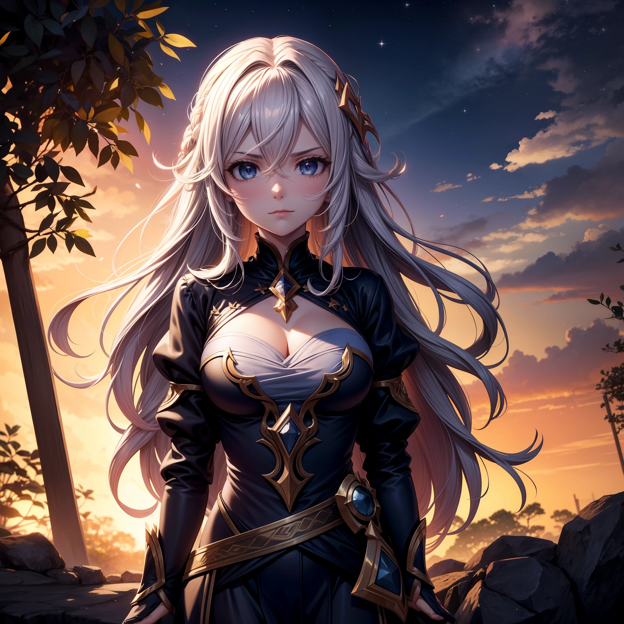 Edel de Grand Chase, UHD, cinematic composition, twilights, por do sol, jardim de flores bio luminescentes, cachoeira de fundo, linda mulher, Stoic aspect, serious look, batom rosa, closup.