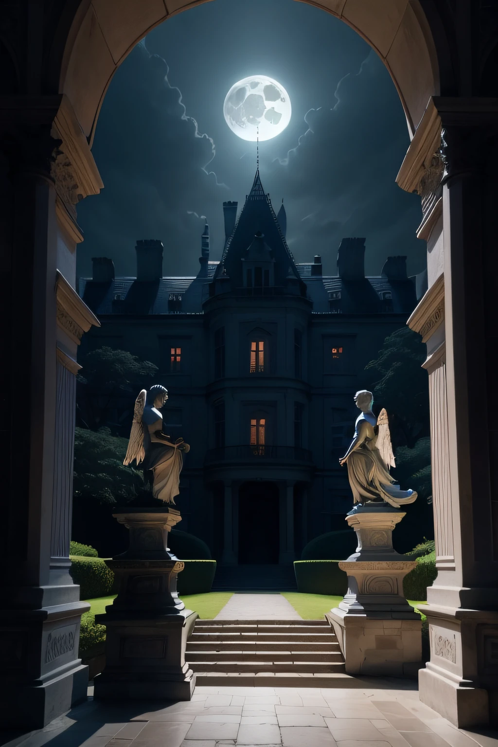 gloomy castle with rose garden, full moon and statue of angels on the entrance stairs