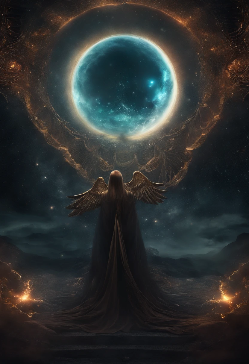 "Cosmic Fallen Angel: Craft an eerie and nightmarish UHD wallpaper that envisions a cosmic fallen angel. Picture a celestial being with glowing light eyes and a biomechanical appearance that blends the ethereal with the eerie. Use very bright colors and incorporate light particles that emit an otherworldly glow. The image should be a surreal masterpiece, evoking both fascination and unease. This wallpaper art, inspired by the concept of Mshiff, should transport viewers to a realm of cosmic nightmares and unearthly wonders."