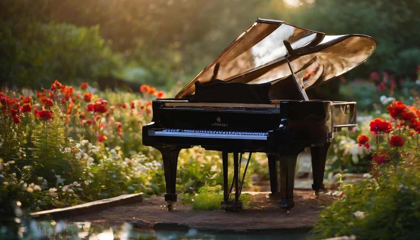 a person playing the piano in the middle of a garden, with colorful flowers, butterflies, and crystal clear water, 8k resolution.
